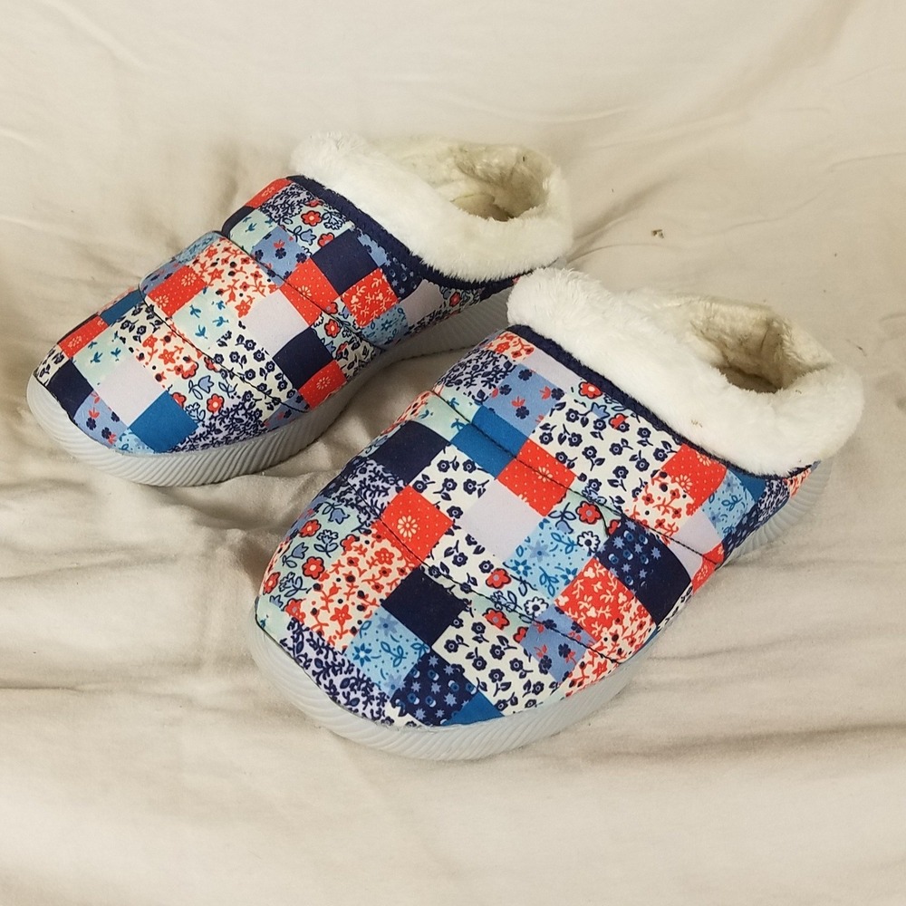 Lands End Quilted Slipper Mule Women 10 Blue Floral Patchwork Excellent Faux Fur